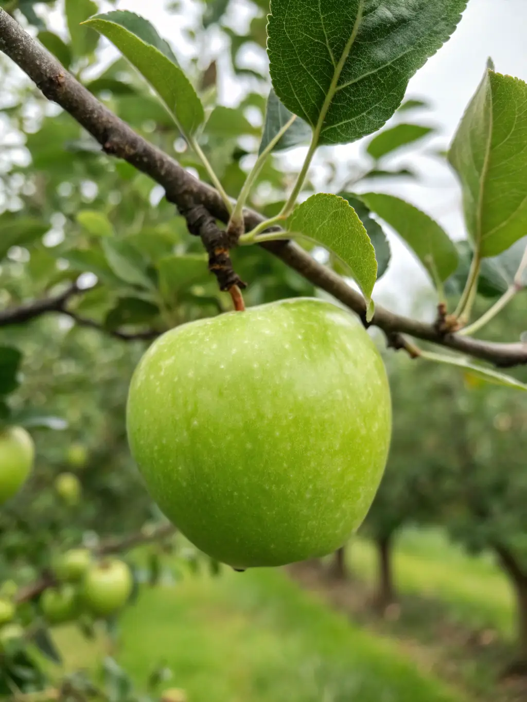 A close-up shot of a vibrant red Honeycrisp apple hanging from a tree branch, showcasing its speckled skin and fresh appearance in the orchard.