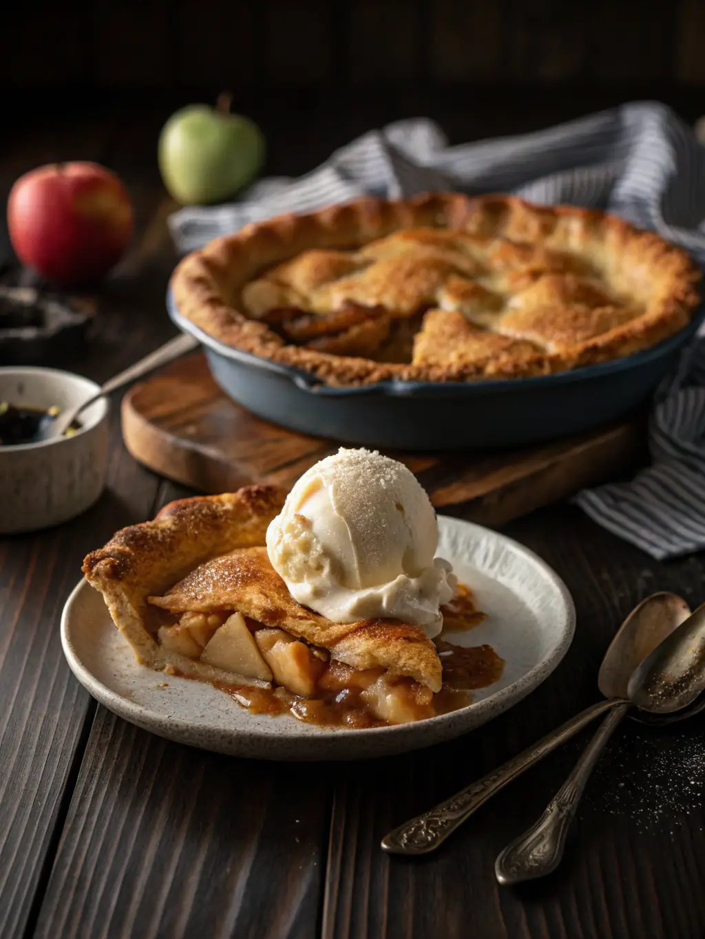 A deep red and slightly tart McIntosh apple, shown with a classic pie in the background, highlighting its baking qualities.