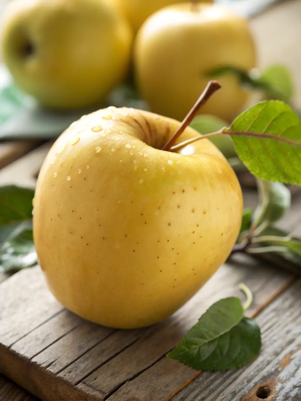 A golden-yellow Golden Delicious apple, perfectly ripe, displayed on a wooden crate with other apples in the background.